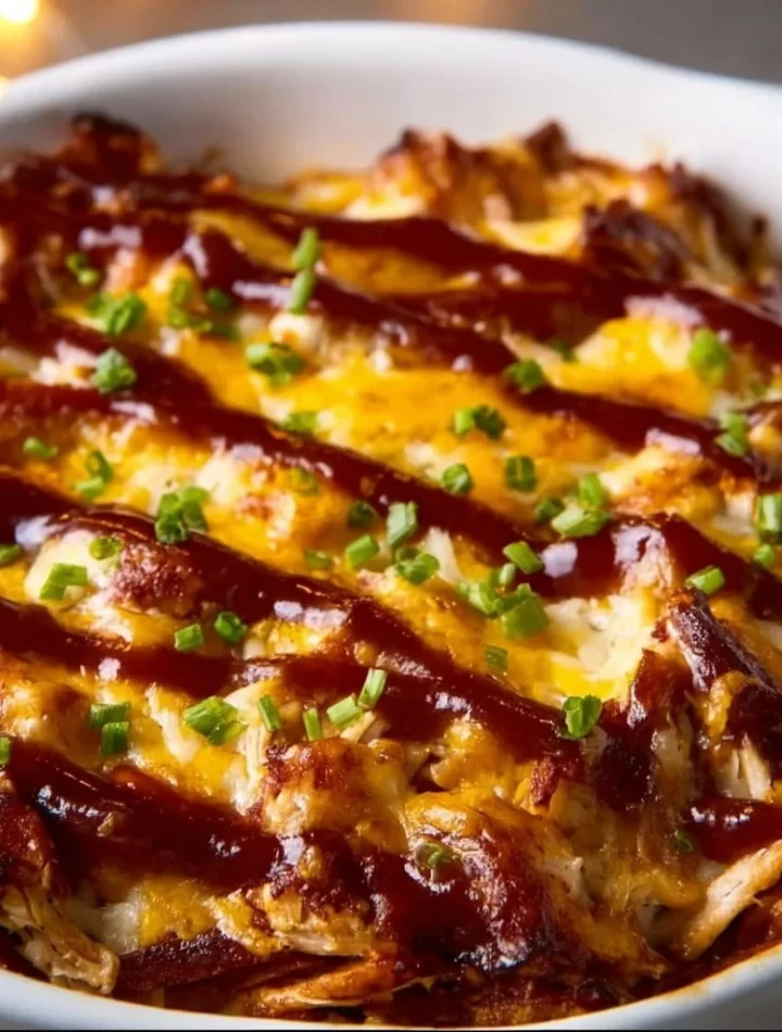 Keto BBQ Chicken Casserole served in a baking dish with toppings