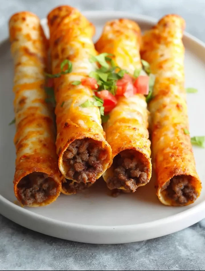 Keto Beef Taquitos served on a plate, garnished with fresh herbs.