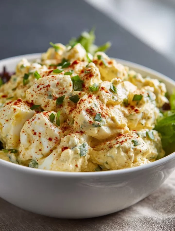 Keto Deviled Egg Salad in a bowl with spices and fresh herbs