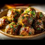 Keto garlic butter meatballs served on a plate with herbs