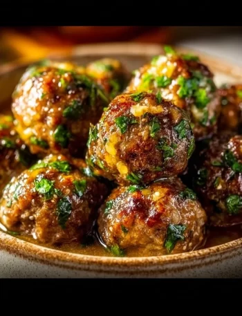 Keto garlic butter meatballs served on a plate with herbs