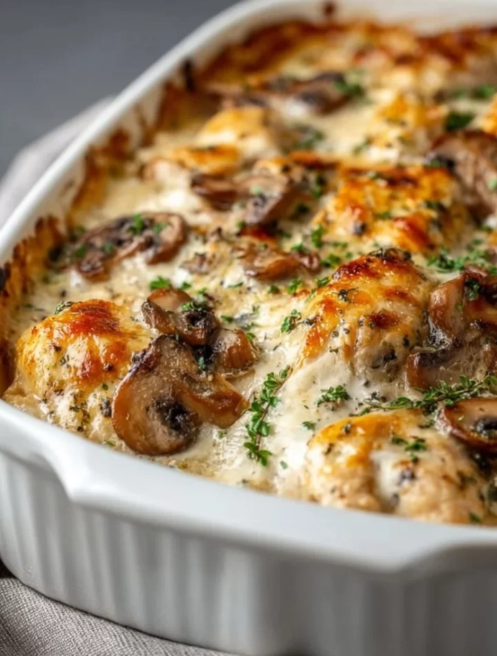 Delicious Keto Garlic Mushroom Chicken Casserole with garlic and mushrooms