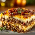 Low-carb bacon cheeseburger casserole topped with cheese and crispy bacon