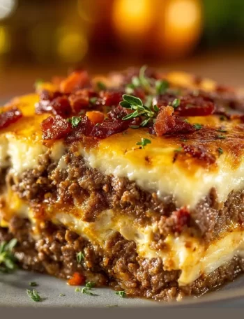 Low-carb bacon cheeseburger casserole topped with cheese and crispy bacon