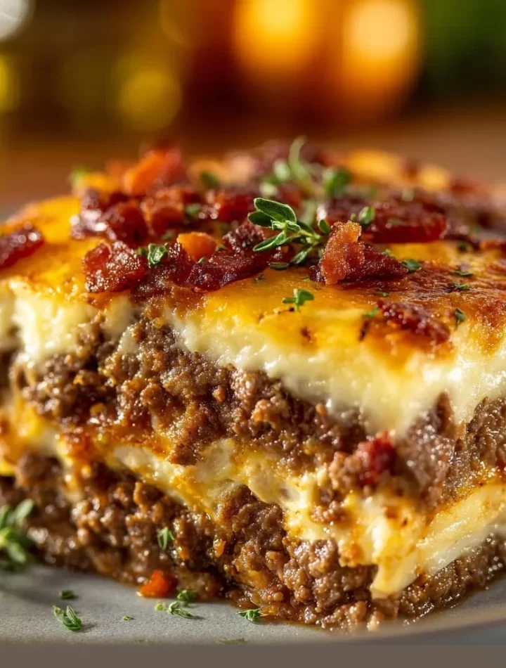 Low-carb bacon cheeseburger casserole topped with cheese and crispy bacon
