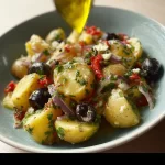 Mediterranean inspired potato salad with olives, feta cheese, and fresh herbs