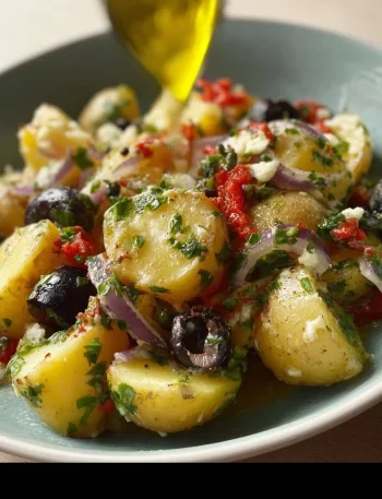 Mediterranean inspired potato salad with olives, feta cheese, and fresh herbs