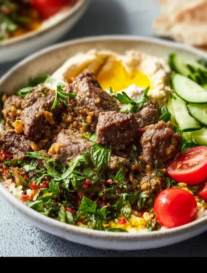 Mediterranean lamb bowls topped with herbs and veggies in a stylish bowl