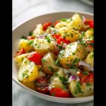 Mediterranean potato salad with fresh veggies and herbs in a bowl