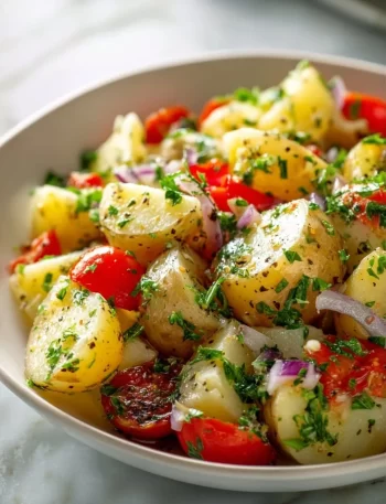 Mediterranean potato salad with fresh veggies and herbs in a bowl