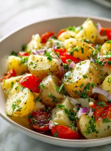 Mediterranean potato salad with fresh veggies and herbs in a bowl