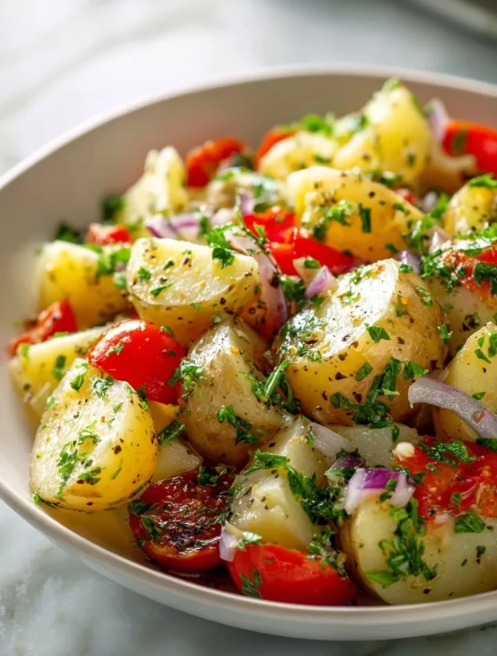 Mediterranean potato salad with fresh veggies and herbs in a bowl