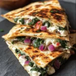 Mediterranean Quesadillas with spinach, feta, mozzarella, and red onion on a plate.