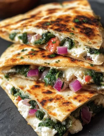 Mediterranean Quesadillas with spinach, feta, mozzarella, and red onion on a plate.