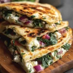 Mediterranean Quesadillas with spinach, feta cheese, mozzarella, and red onion on a plate