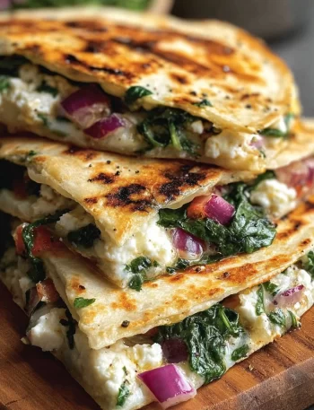 Mediterranean Quesadillas with spinach, feta cheese, mozzarella, and red onion on a plate