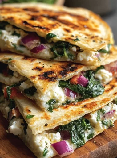 Mediterranean Quesadillas with spinach, feta cheese, mozzarella, and red onion on a plate