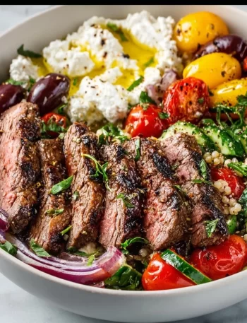 Mediterranean steak bowl with fresh vegetables and herbs