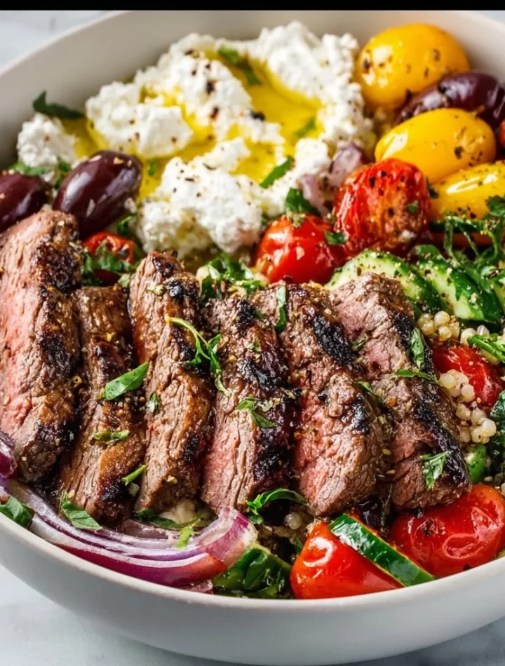 Mediterranean steak bowl with fresh vegetables and herbs