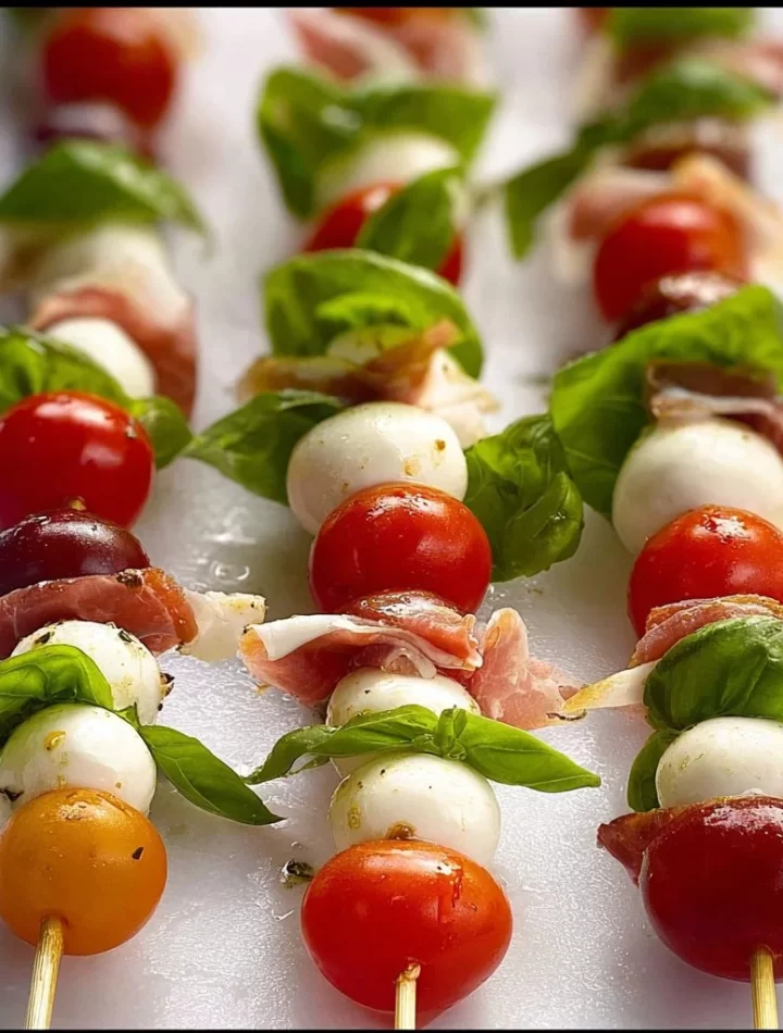 Mini Caprese Skewers with fresh mozzarella, tomatoes, and basil on a platter