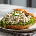 Delicious classic chicken salad served in a bowl with fresh vegetables