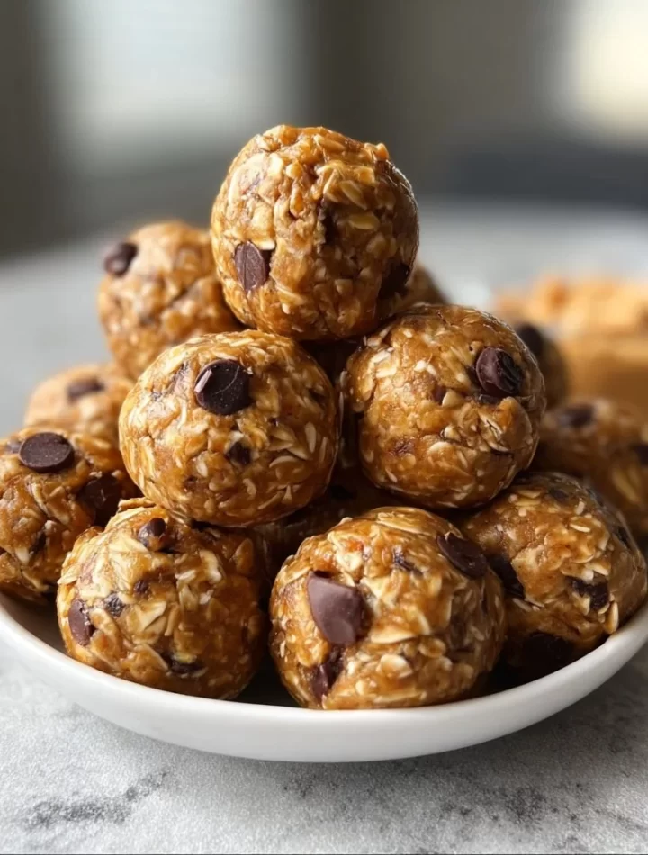 No-bake peanut butter energy bites ready to eat as a nutritious snack.