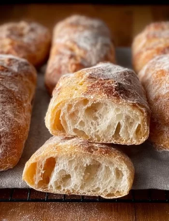 Freshly baked No-Knead Ciabatta with a beautiful light and airy crumb