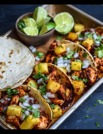 One Pan Chicken and Pineapple Tacos served on a plate
