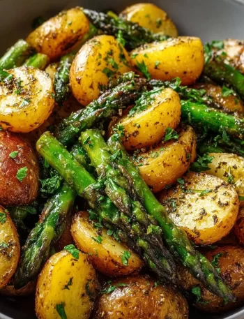 One-Pan Garlic Potatoes and Asparagus dish on a serving plate