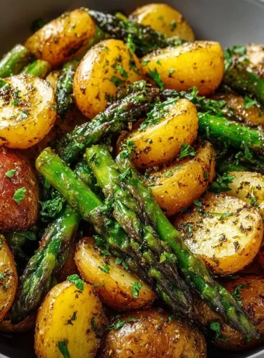 One-Pan Garlic Potatoes and Asparagus dish on a serving plate