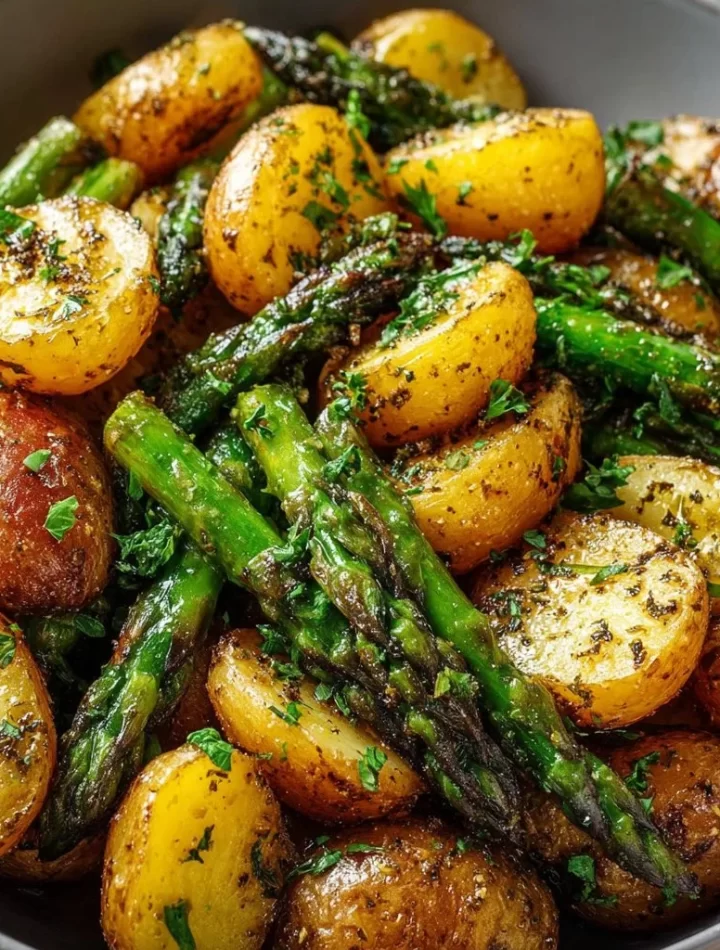 One-Pan Garlic Potatoes and Asparagus dish on a serving plate