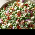 Bowl of Paula Deen green pea salad with fresh ingredients