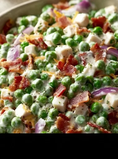 Bowl of Paula Deen green pea salad with fresh ingredients