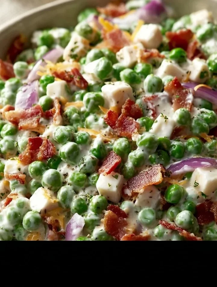 Bowl of Paula Deen green pea salad with fresh ingredients