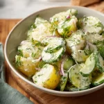 Potato and cucumber salad with creamy dill dressing served in a bowl