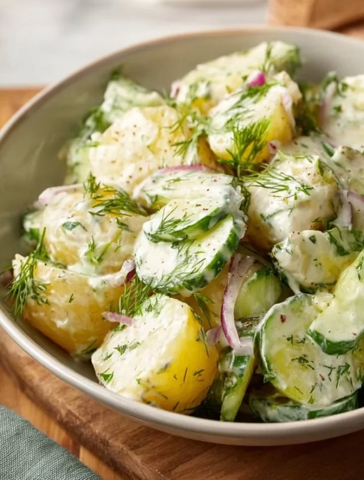 Potato and cucumber salad with creamy dill dressing served in a bowl