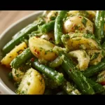 Potato and green bean salad in a bowl, garnished with herbs