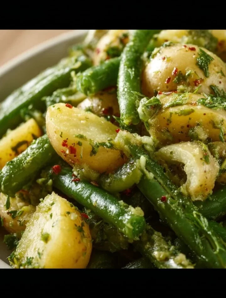 Potato and green bean salad in a bowl, garnished with herbs