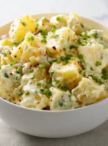 Delicious homemade potato salad recipe with vegetables and dressing