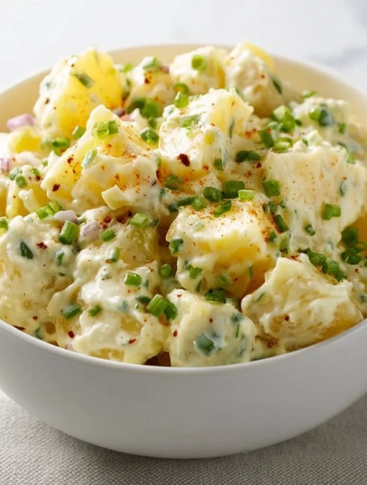 Delicious homemade potato salad recipe with vegetables and dressing
