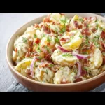 Australian-style potato salad with bacon served in a bowl