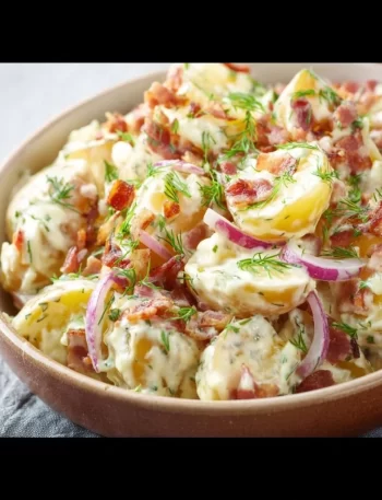 Australian-style potato salad with bacon served in a bowl