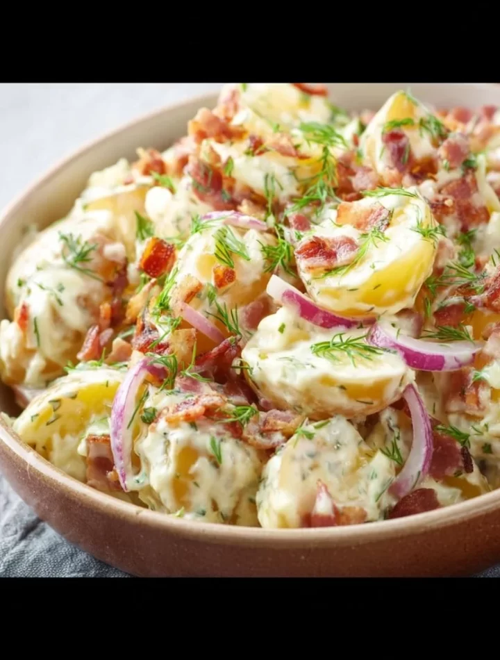 Australian-style potato salad with bacon served in a bowl
