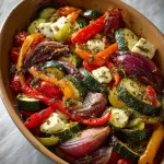 Colorful one-pan Greek vegetables with fresh ingredients ready to serve