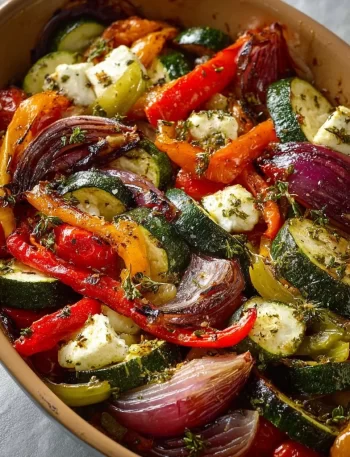 Colorful one-pan Greek vegetables with fresh ingredients ready to serve