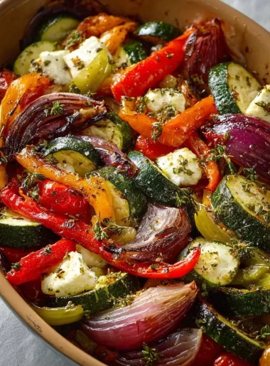 Colorful one-pan Greek vegetables with fresh ingredients ready to serve
