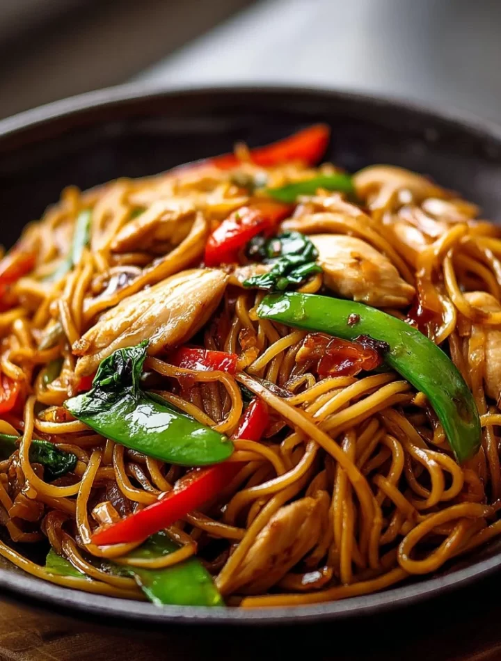 Delicious Chicken Lo Mein with colorful vegetables and tender chicken