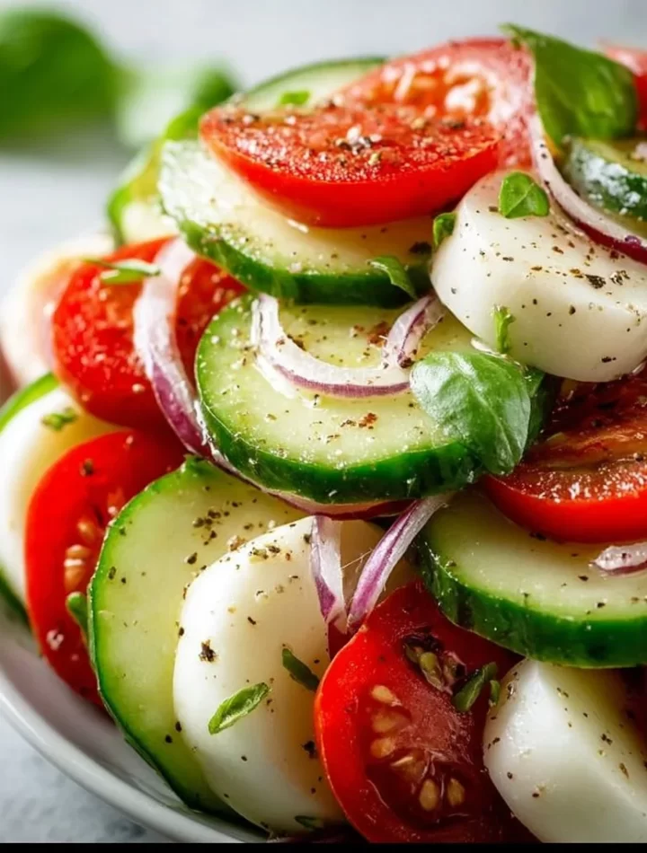 Refreshing cucumber caprese salad with mozzarella and basil, perfect for summer.