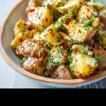 Delicious roasted potato salad served in a bowl garnished with herbs