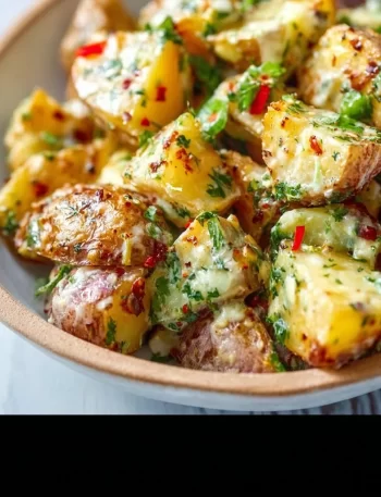 Delicious roasted potato salad served in a bowl garnished with herbs
